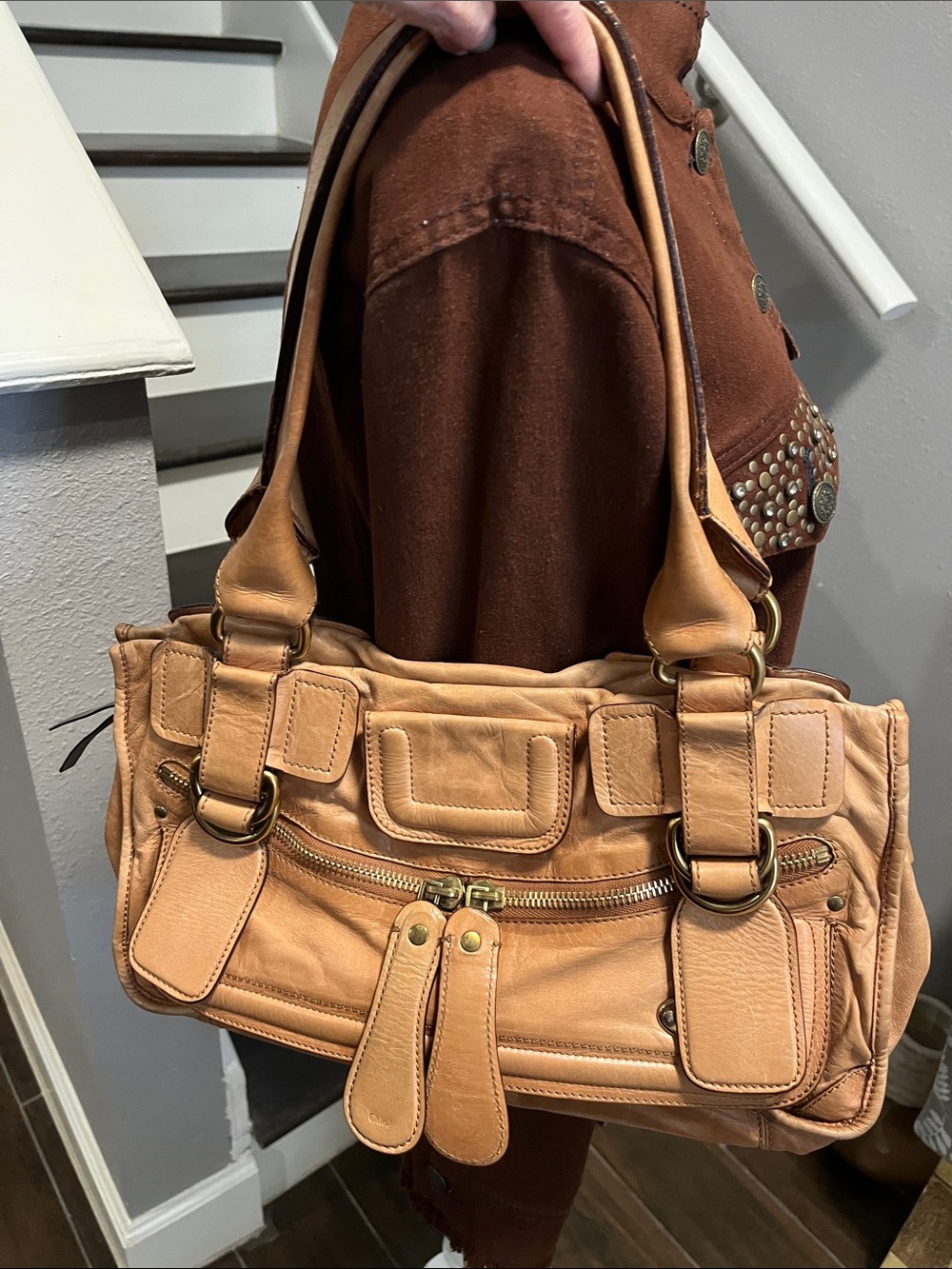 Chloe Leather Camel Shoulder Bag with Double Buckle Detail. Made in Italy. Roomy - Picture 16 of 16